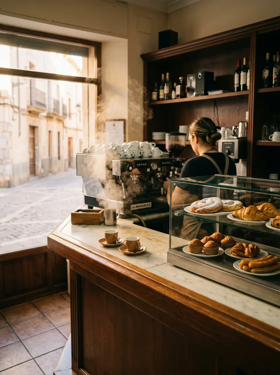 Cafetería pequeña a primera hora de la mañana