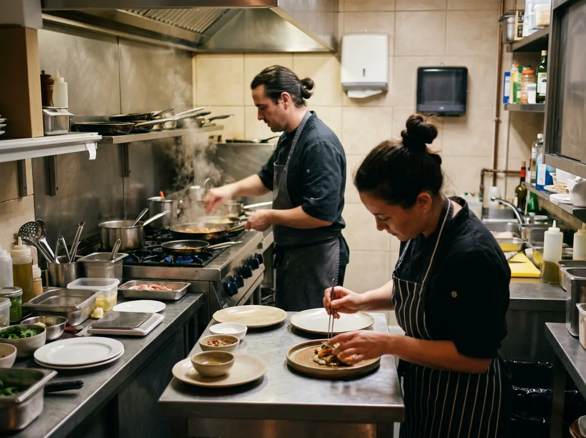 Cocina de restaurante con el equipo trabajando durante el servicio
